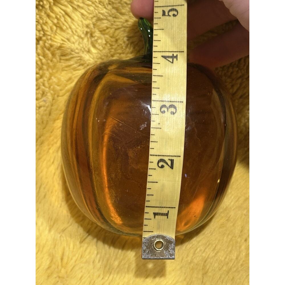 Blenko Hand Blown Pumpkin Optic Glass Topaz 6.5 in w/Green Stem Halloween /Fall - Picture 7 of 7